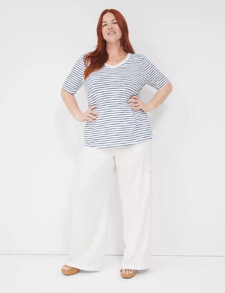 Women Lane Bryant Perfect Sleeve V-Neck Tee T Shirts White Blue | RPL652QT
