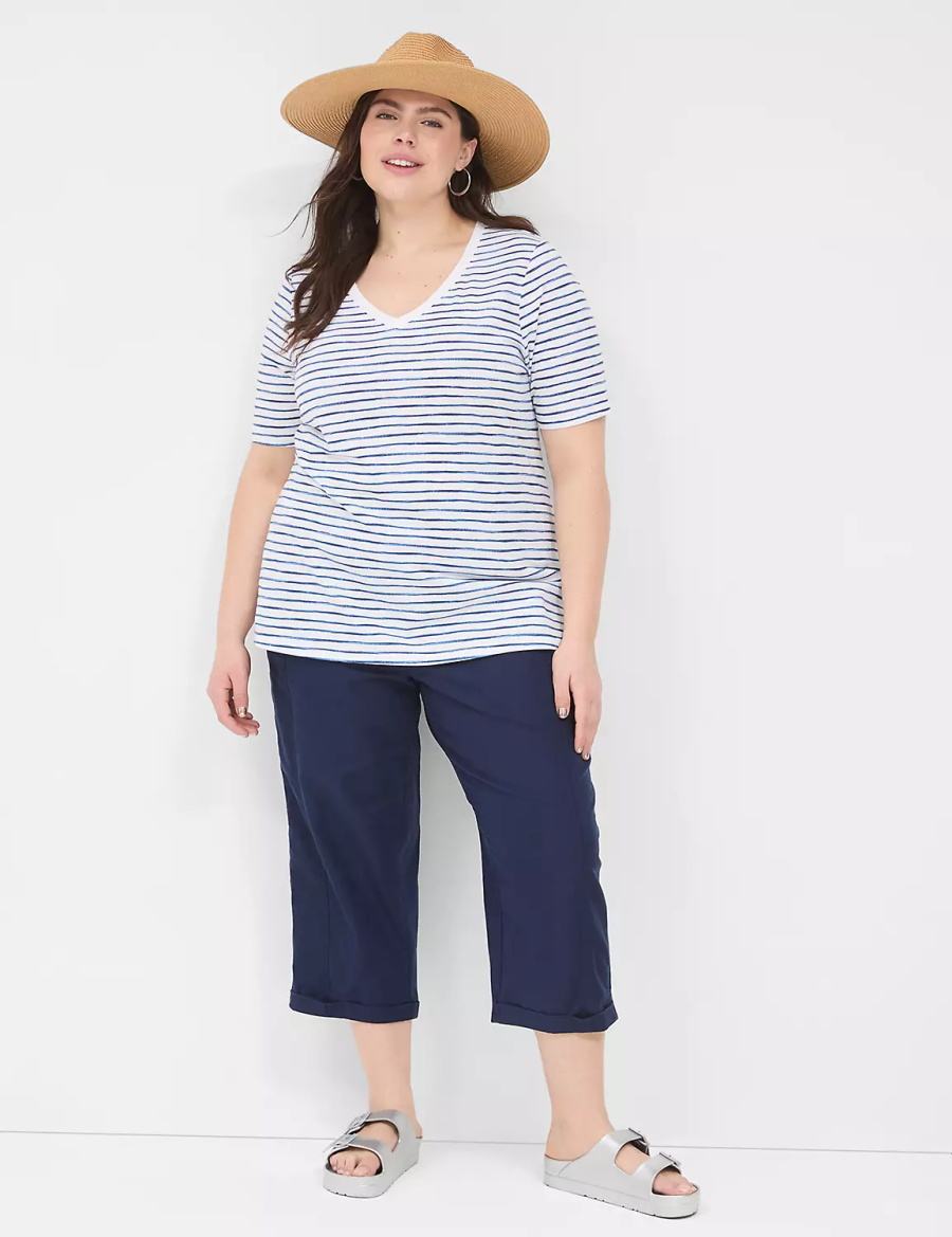 Women Lane Bryant Perfect Sleeve V-Neck Tee T Shirts White Blue | RPL652QT