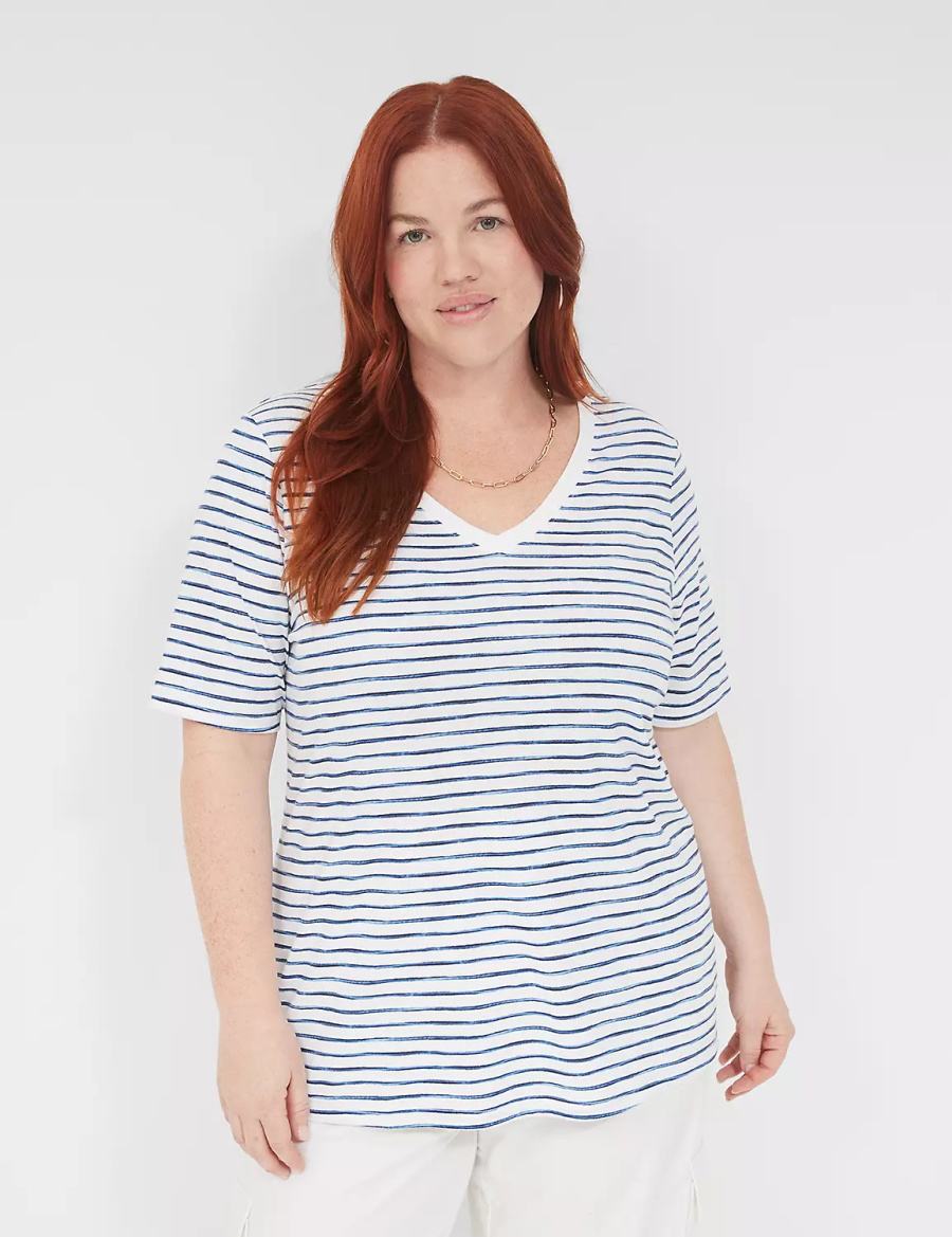 Women Lane Bryant Perfect Sleeve V-Neck Tee T Shirts White Blue | RPL652QT