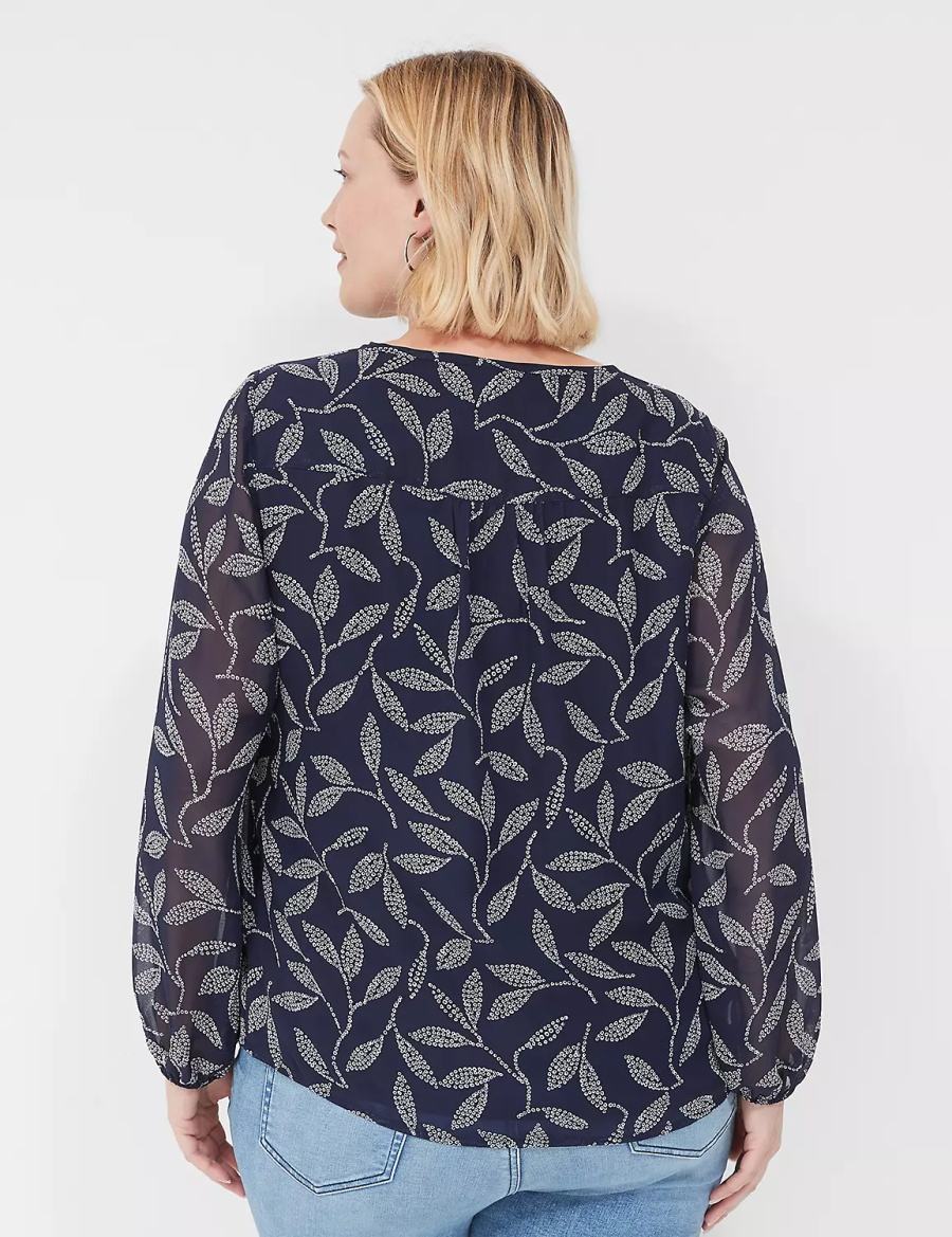 Women Lane Bryant Pin-Tuck Crew-Neck Blouse Navy | BRU5689DM