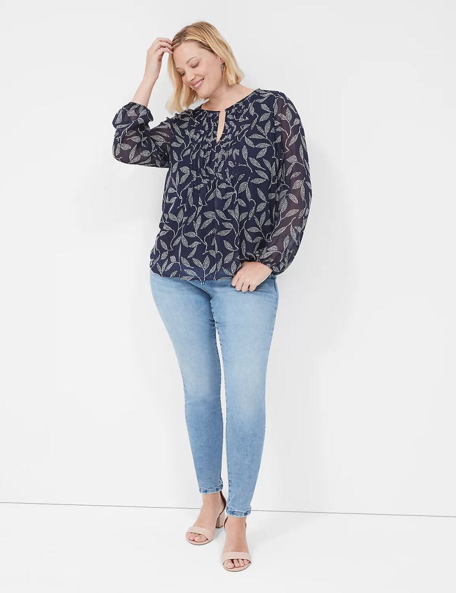 Women Lane Bryant Pin-Tuck Crew-Neck Blouse Navy | BRU5689DM