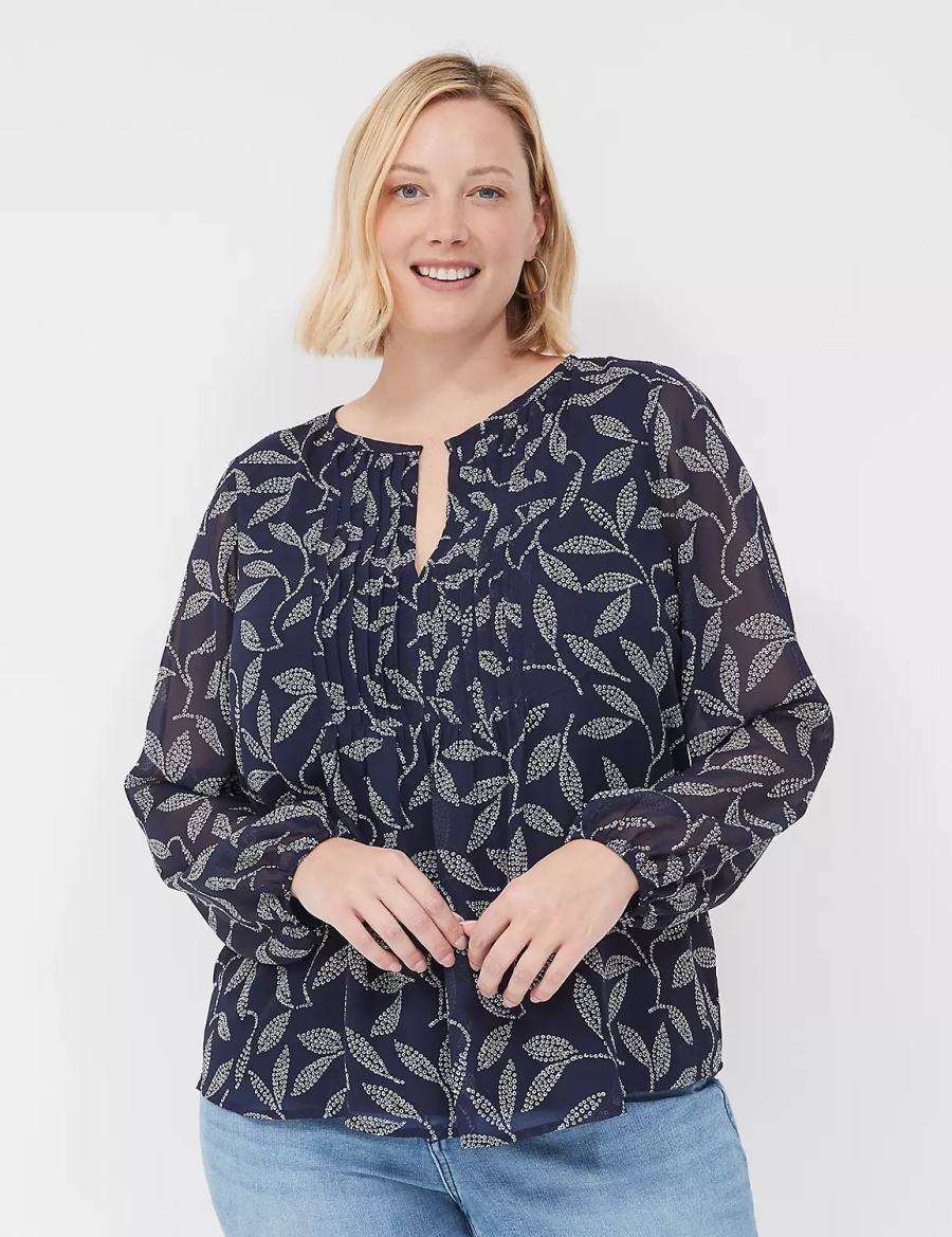 Women Lane Bryant Pin-Tuck Crew-Neck Blouse Navy | BRU5689DM