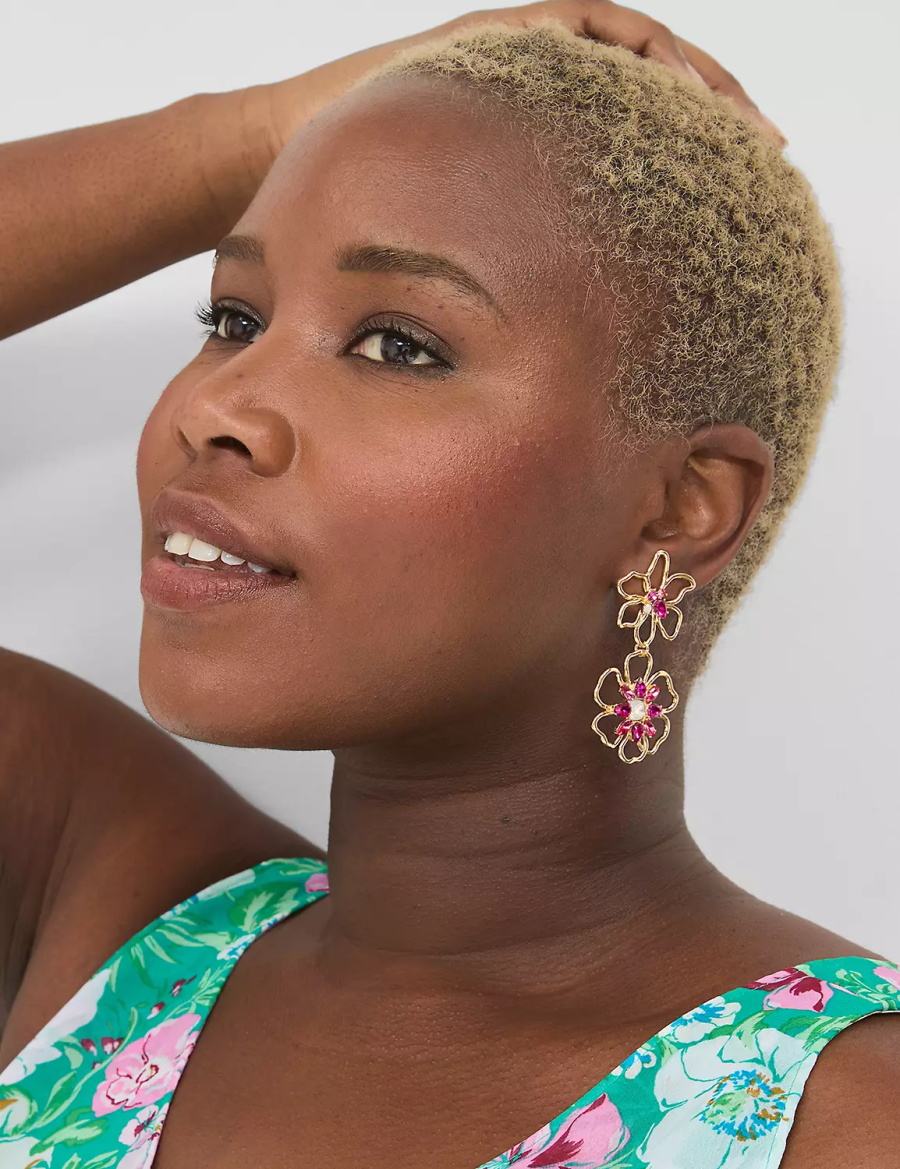 Women Lane Bryant Pink Pave Flower Drop Earrings Gold | DIY8498KB