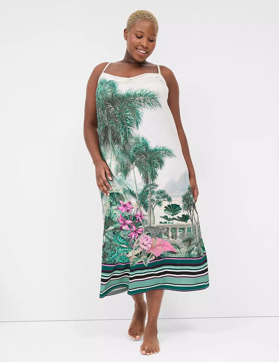 Women Lane Bryant Placed Print Cowlneck Slip Dress Green Multicolor | FUA1147DB