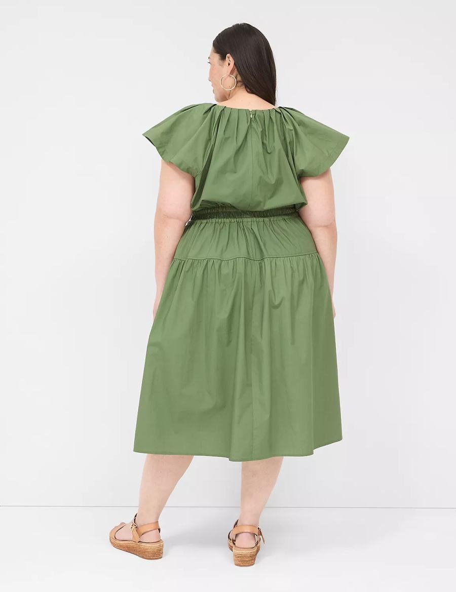 Women Lane Bryant Pleated Crew-Neck Midi Dress Brown Green | LTZ4455MV