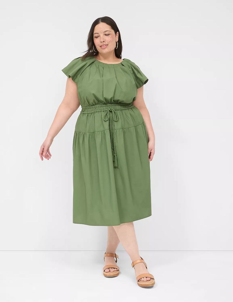 Women Lane Bryant Pleated Crew-Neck Midi Dress Brown Green | LTZ4455MV