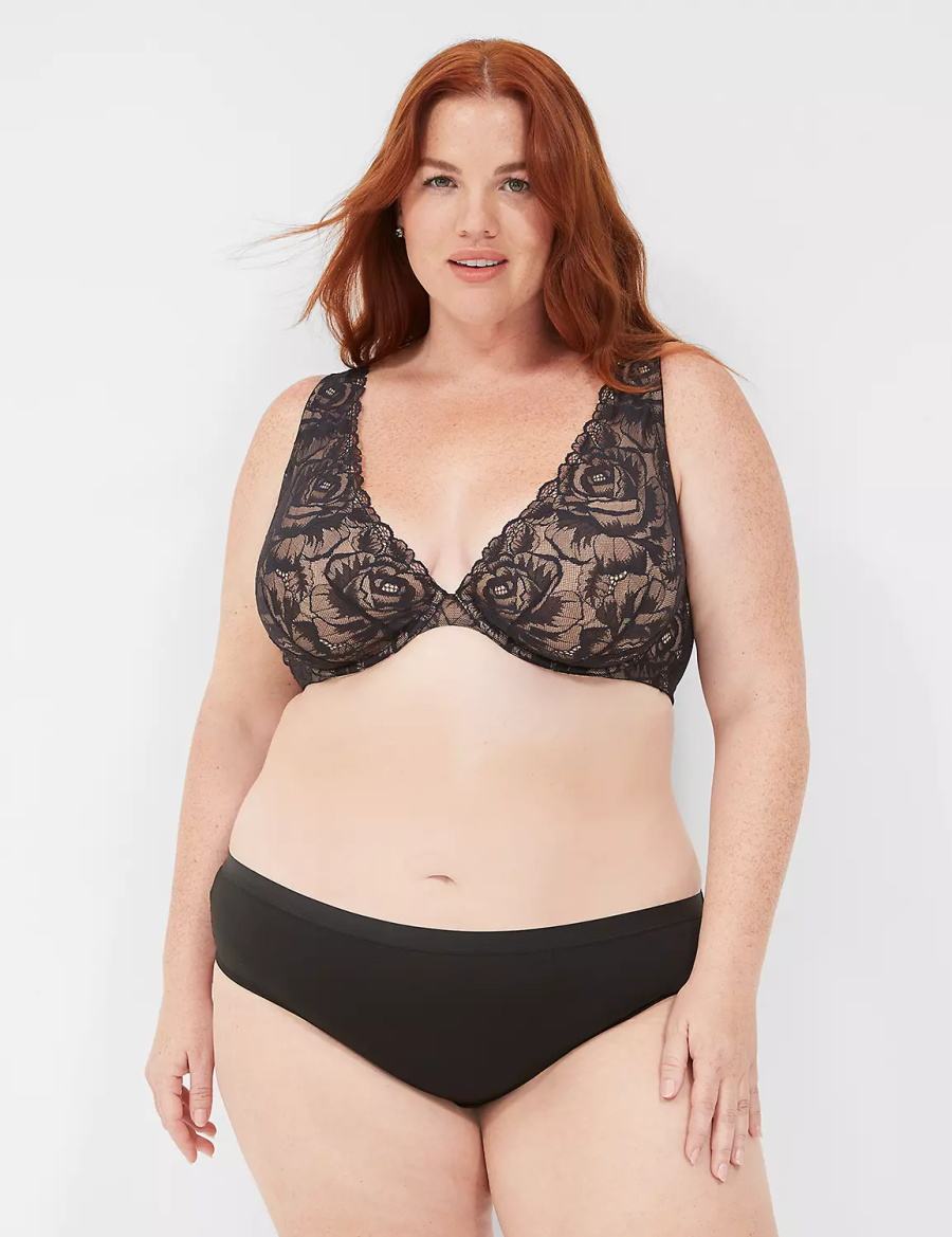 Women Lane Bryant Plunge with Lace Unlined Bra Black | SJJ1654IC