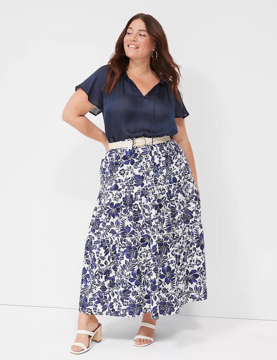 Women Lane Bryant Poplin Tiered Maxi Skirts Navy White | AMS455AU