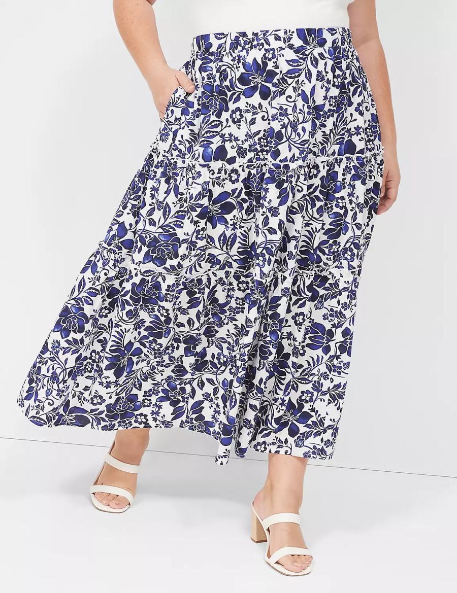 Women Lane Bryant Poplin Tiered Maxi Skirts Navy White | AMS455AU