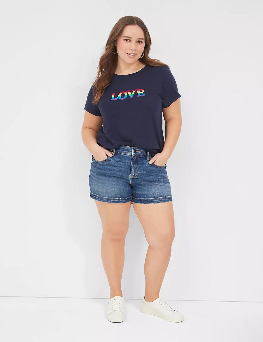 Women Lane Bryant Pride Embroidered Rainbow Love Graphic Tee T Shirts Blue | QTJ4730WF