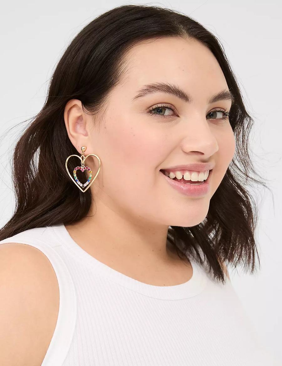Women Lane Bryant Pride Rainbow Heart Drop Earrings Gold | INL5471RD