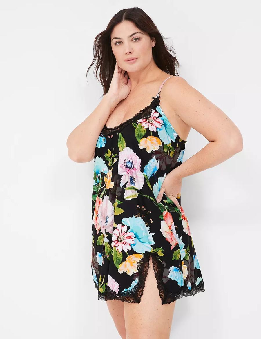 Women Lane Bryant Printed Lace-Trim Slip Dress Black | OSR298TX