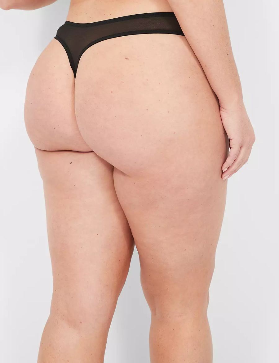 Women Lane Bryant Printed Lace-Trim Thong Panty Black | DOG4163XA