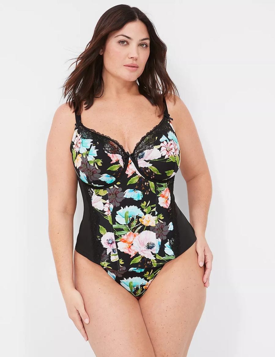 Women Lane Bryant Printed Lace-Trim Thong Panty Black | DOG4163XA