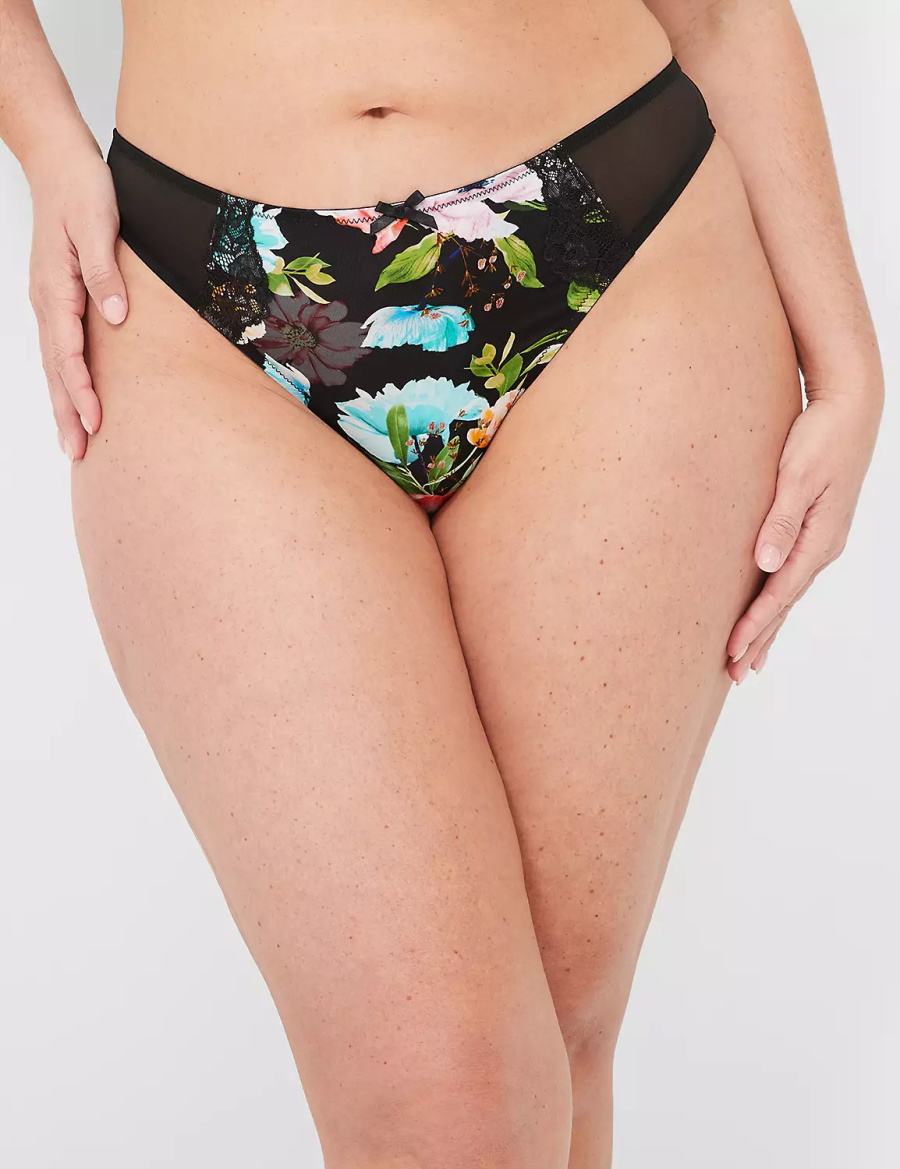 Women Lane Bryant Printed Lace-Trim Thong Panty Black | DOG4163XA
