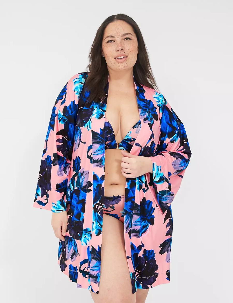 Women Lane Bryant Printed Microfiber Robe Pink Blue Multicolor | TZC2790CM