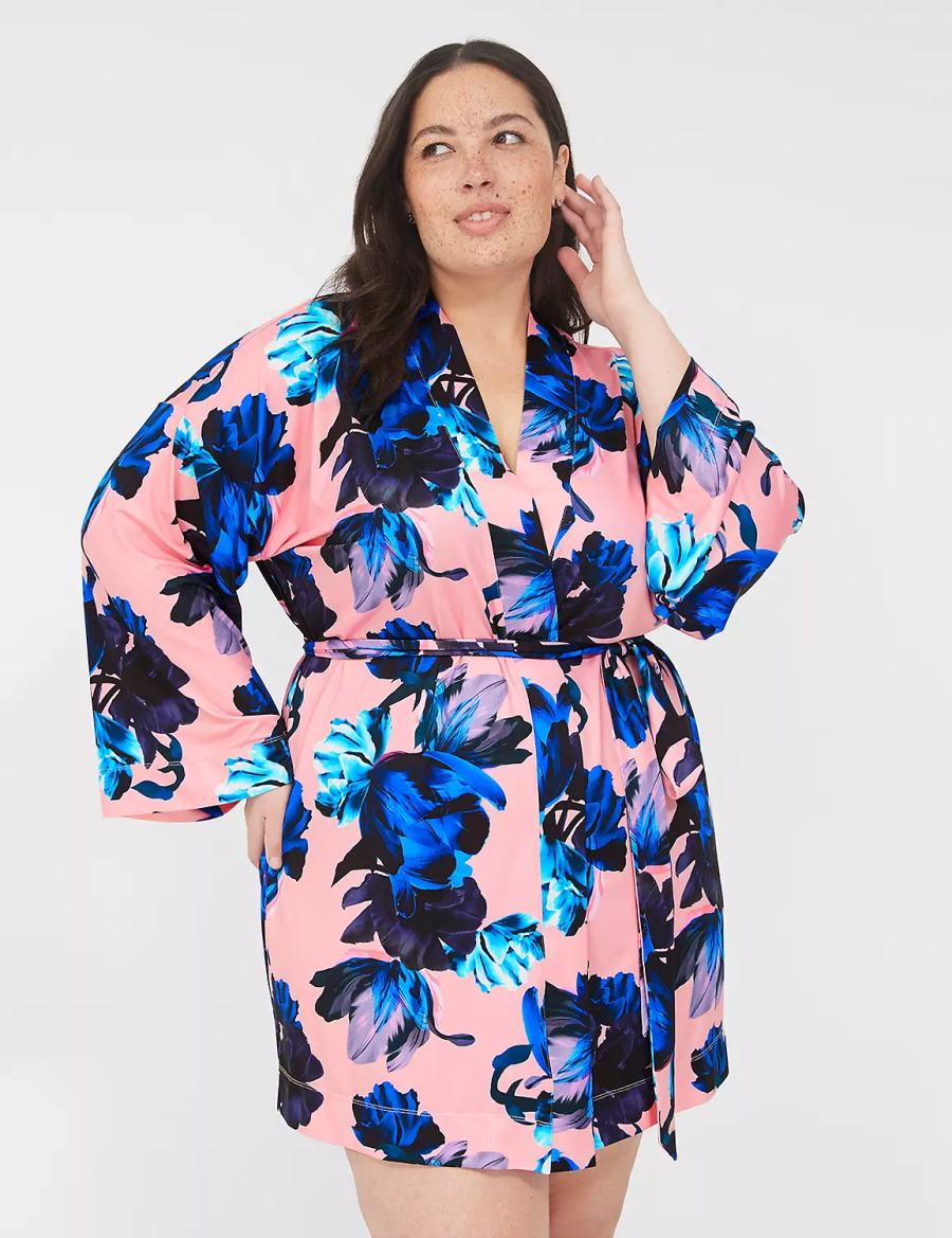Women Lane Bryant Printed Microfiber Robe Pink Blue Multicolor | TZC2790CM