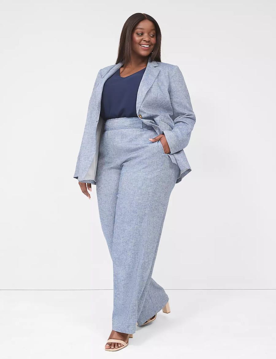 Women Lane Bryant Pull-On Chambray Linen Straight Leg Pants Blue Grey | XTF1698ZL