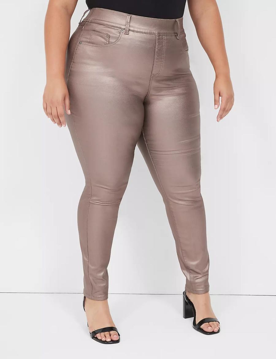 Women Lane Bryant Pull-On High-Rise Coated Metallic Jeggings Brown | QCG6930WN