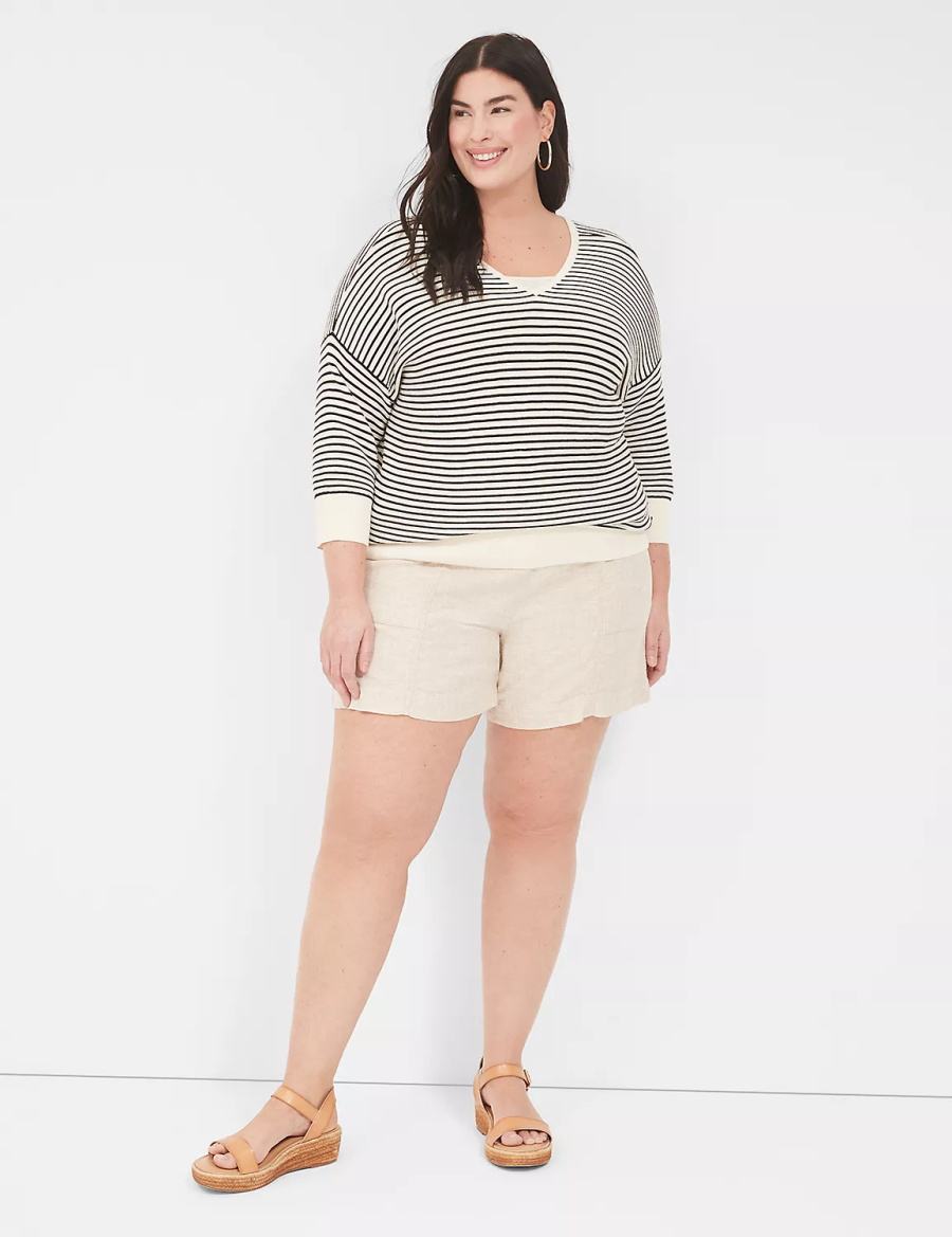 Women Lane Bryant Pull-On Linen Stripe Shorts Beige Stripes | NBZ8599UZ