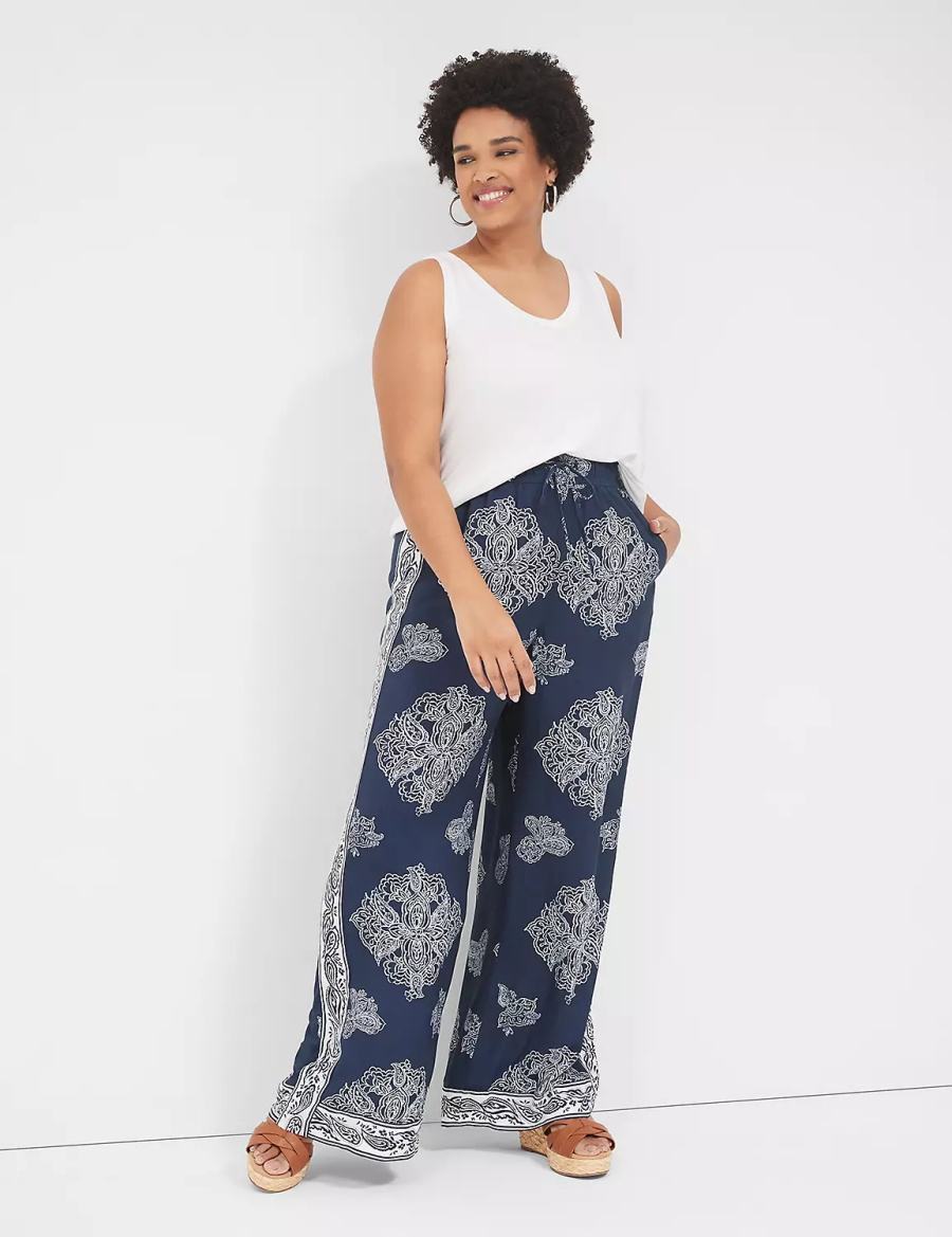 Women Lane Bryant Pull-On Paperbag Wide Leg Pants Navy | WCE5073TE