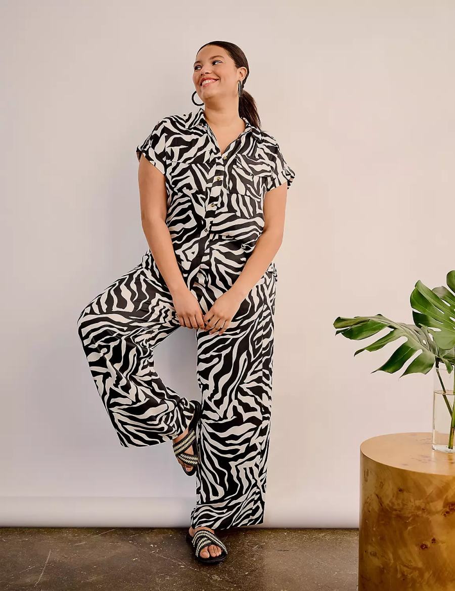 Women Lane Bryant Pull-On Satin Wide Leg Pants White Black | LVZ4886AA
