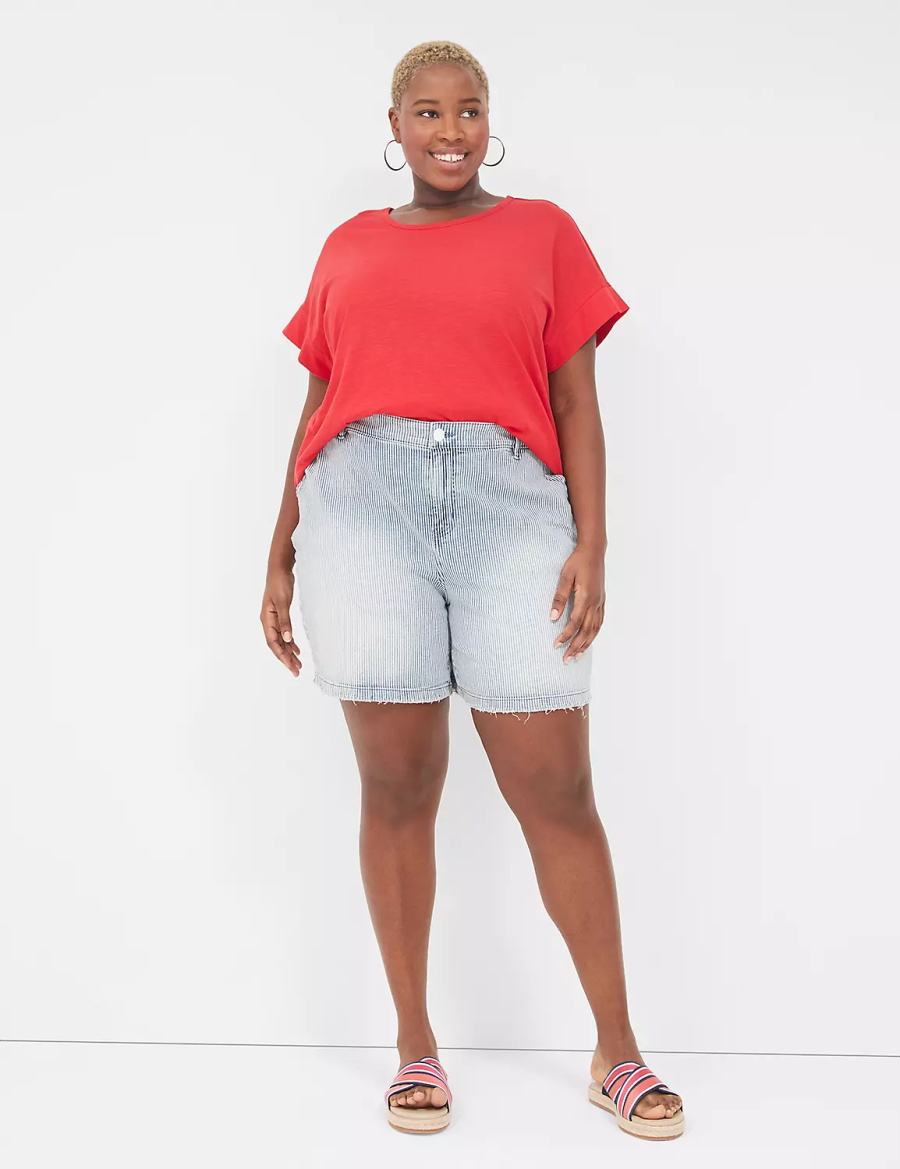 Women Lane Bryant Railroad Stripe Carpenter Jean Shorts Light Blue | JOB813DO