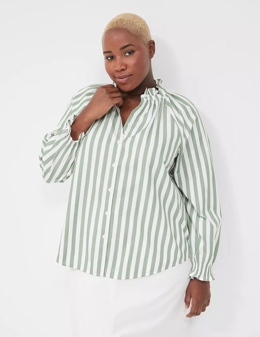 Women Lane Bryant Relaxed Button-Front Blouse Green Stripes | TLS6012XT