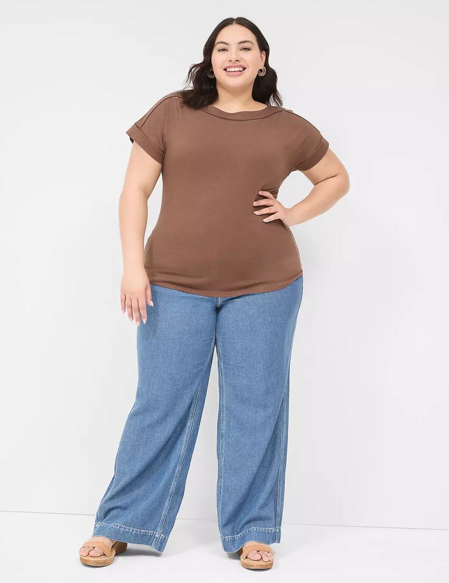 Women Lane Bryant Relaxed Cap-Sleeve Boatneck Top T Shirts Brown | AOH8953DX