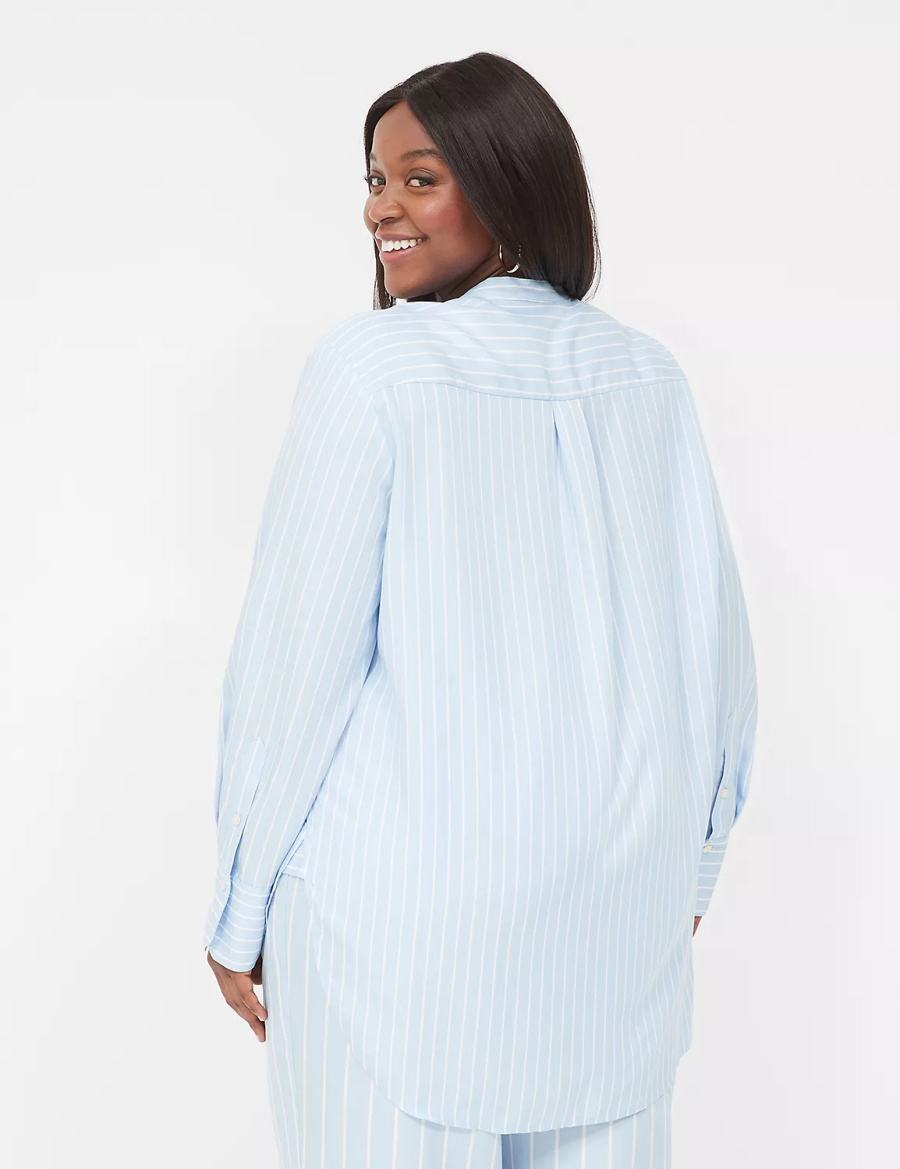 Women Lane Bryant Relaxed Collar Button-Down Shirts Light Blue Stripes | NKY6193QR