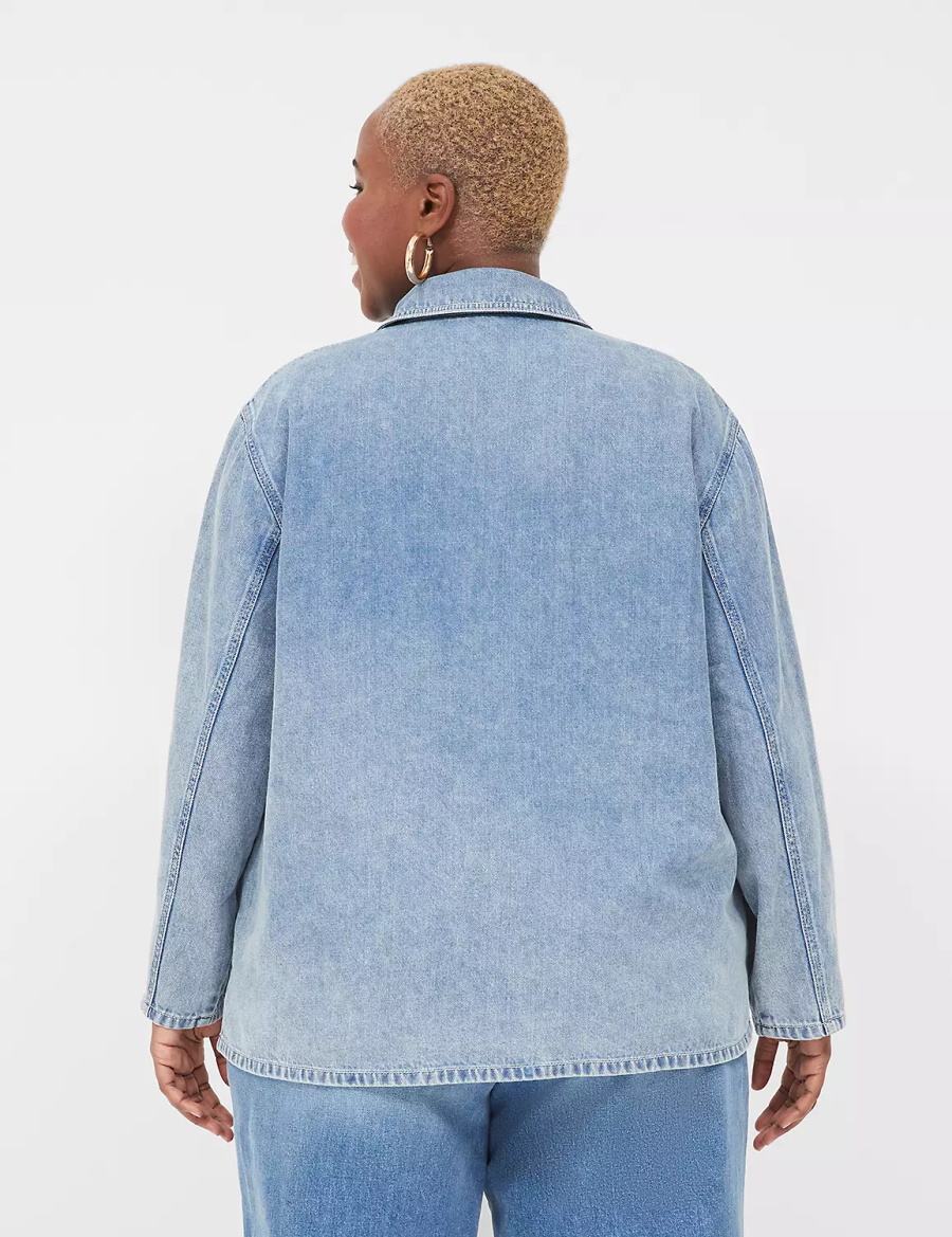 Women Lane Bryant Relaxed Collared Denim Popover Shirts Light Blue | ZBP1084LV