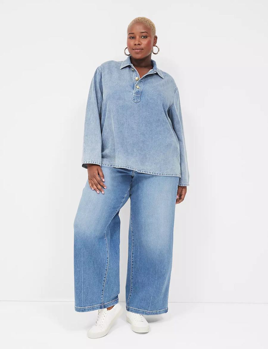 Women Lane Bryant Relaxed Collared Denim Popover Shirts Light Blue | ZBP1084LV