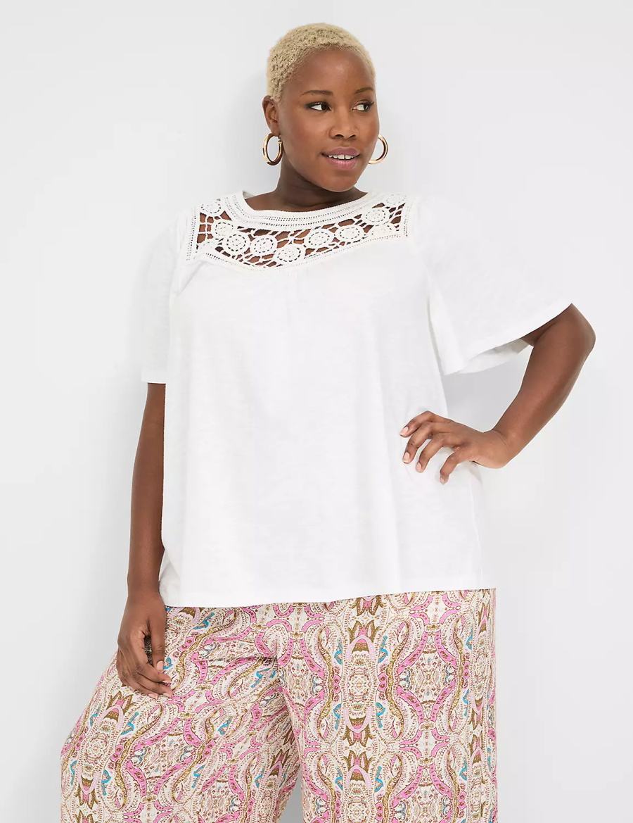 Women Lane Bryant Relaxed Crochet Crew-Neck Top T Shirts White | TXJ4054UA