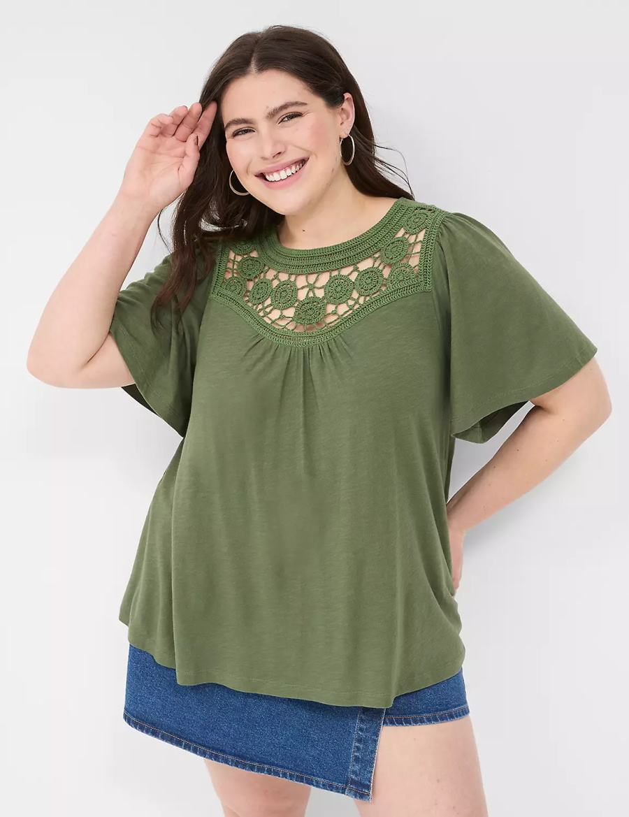 Women Lane Bryant Relaxed Crochet Crew-Neck Top T Shirts Brown Green | RNT8472SB