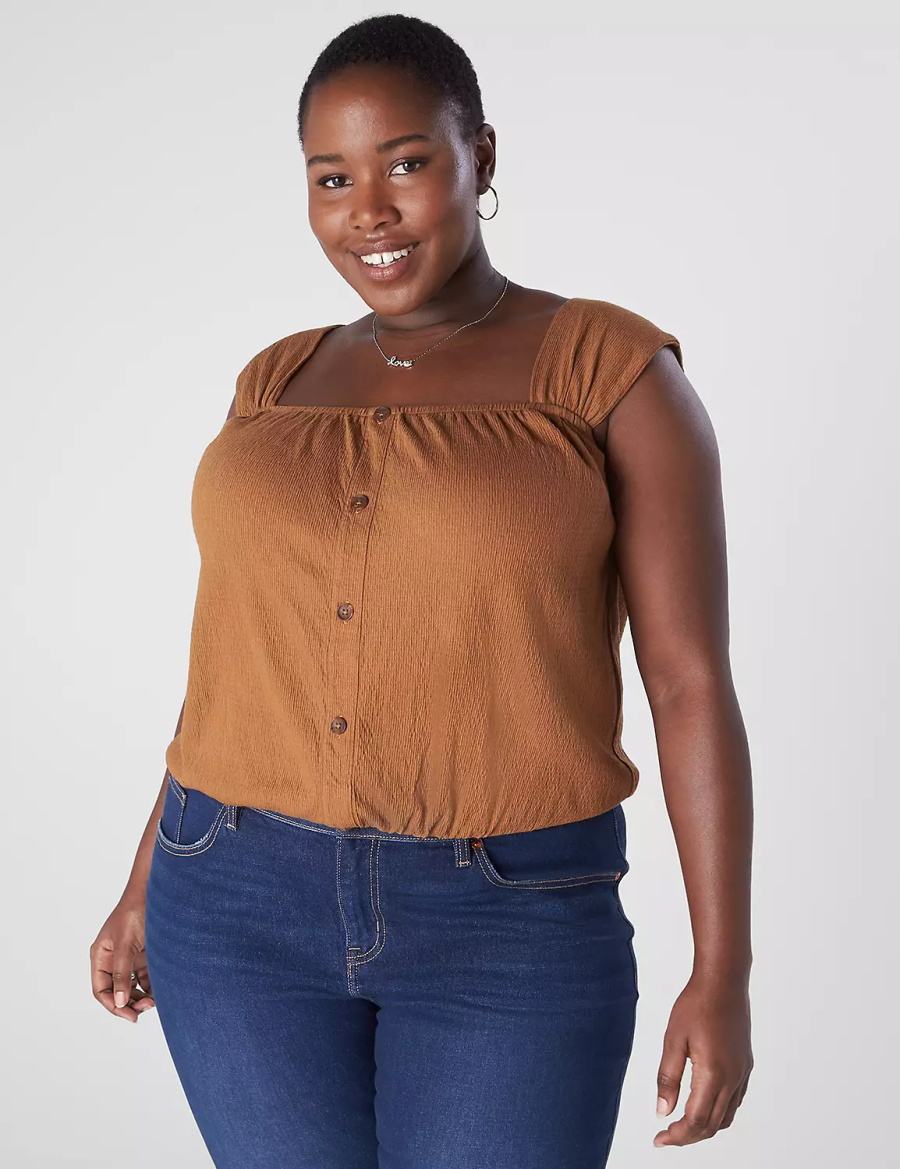Women Lane Bryant Relaxed Crop Cap-Sleeve Square-Neck Top T Shirts Brown | QLQ7911DE