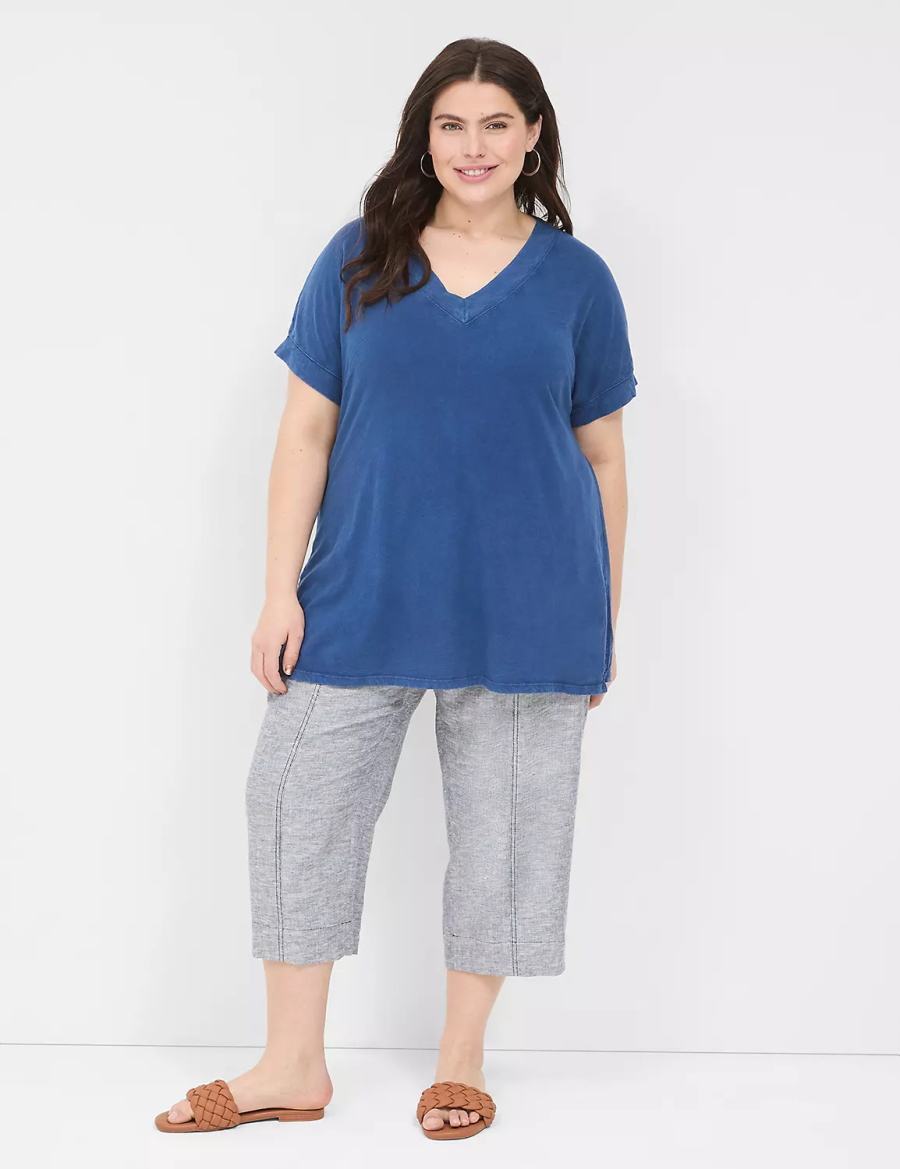 Women Lane Bryant Relaxed Easy V-Neck Tunic T Shirts Dark Blue | EXU587WT