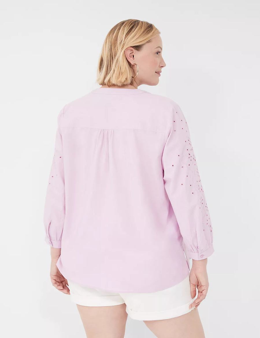 Women Lane Bryant Relaxed Eyelet-Sleeve Button-Front Blouse Purple | XVE3499QI