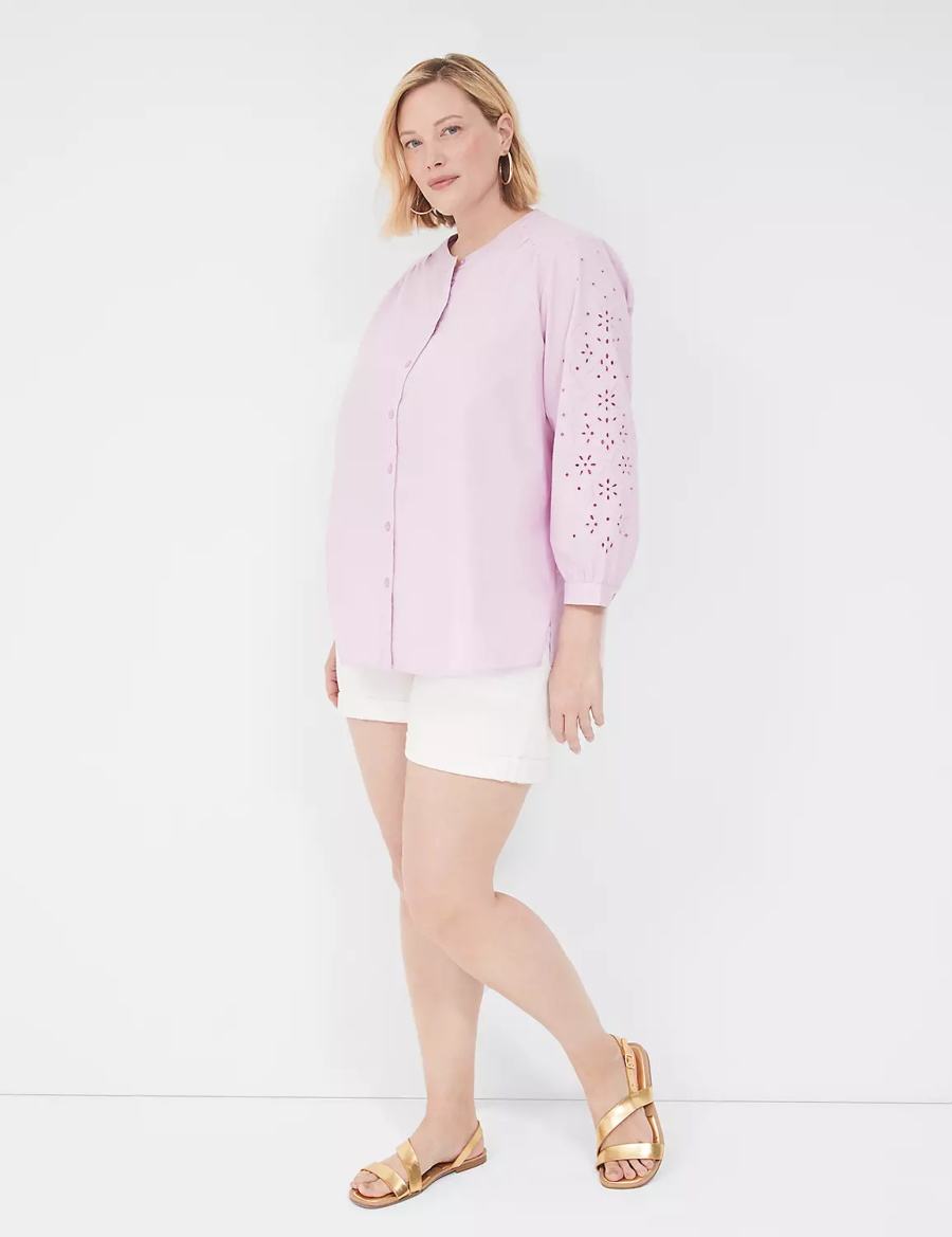 Women Lane Bryant Relaxed Eyelet-Sleeve Button-Front Blouse Purple | XVE3499QI