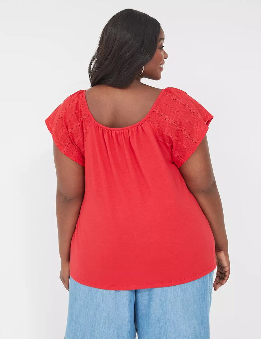 Women Lane Bryant Relaxed Eyelet-Sleeve Smocked-Neck Top T Shirts Red | MXU8115GP