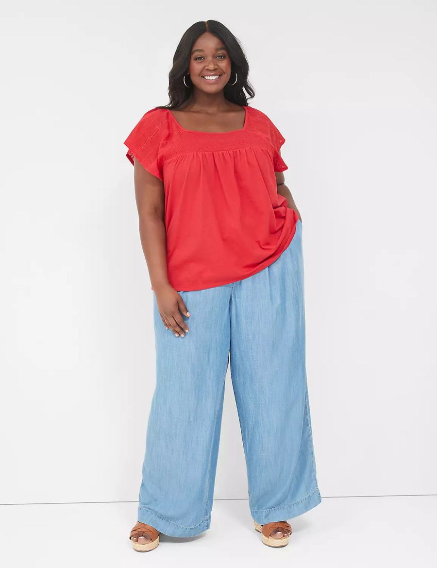 Women Lane Bryant Relaxed Eyelet-Sleeve Smocked-Neck Top T Shirts Red | MXU8115GP