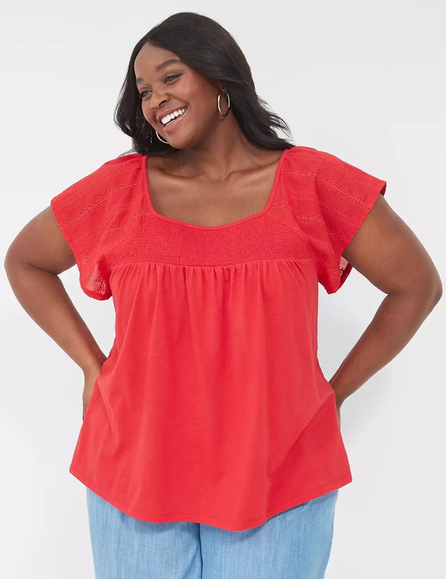 Women Lane Bryant Relaxed Eyelet-Sleeve Smocked-Neck Top T Shirts Red | MXU8115GP