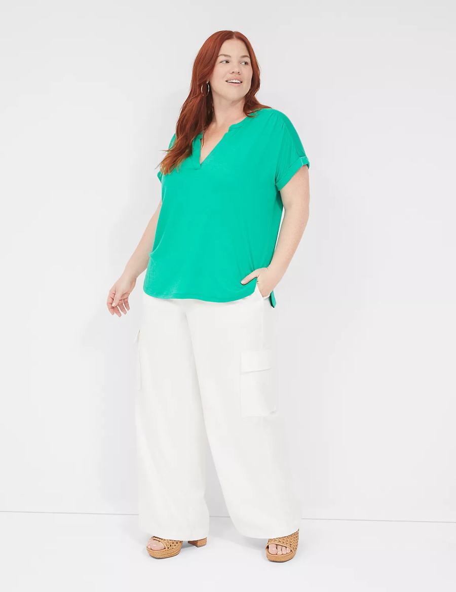 Women Lane Bryant Relaxed Gauze Notch-Neck Shirts Turquoise | HJO7964YT