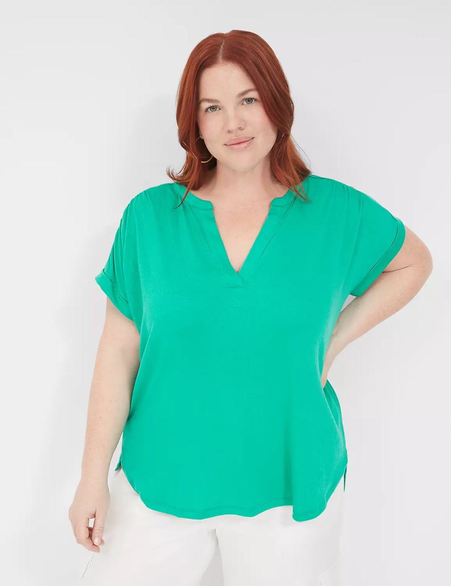 Women Lane Bryant Relaxed Gauze Notch-Neck Shirts Turquoise | HJO7964YT