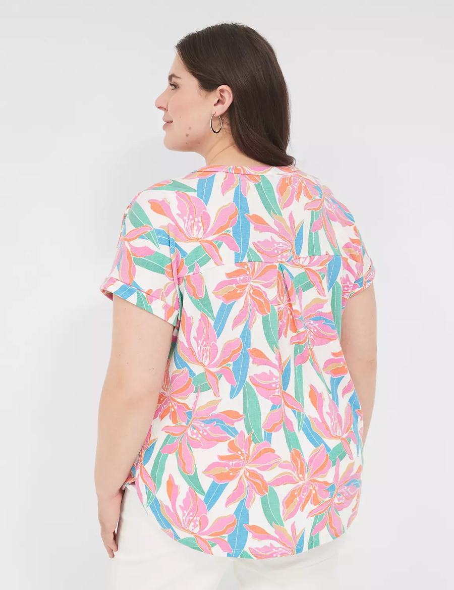 Women Lane Bryant Relaxed Gauze Notch-Neck Shirts Pink Blue | IQR6943KA