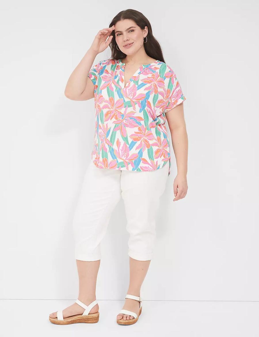 Women Lane Bryant Relaxed Gauze Notch-Neck Shirts Pink Blue | IQR6943KA