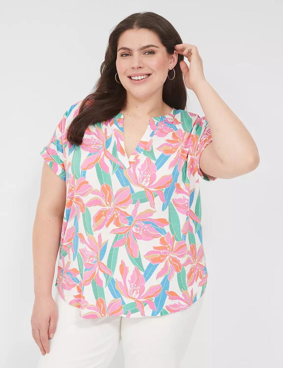 Women Lane Bryant Relaxed Gauze Notch-Neck Shirts Pink Blue | IQR6943KA