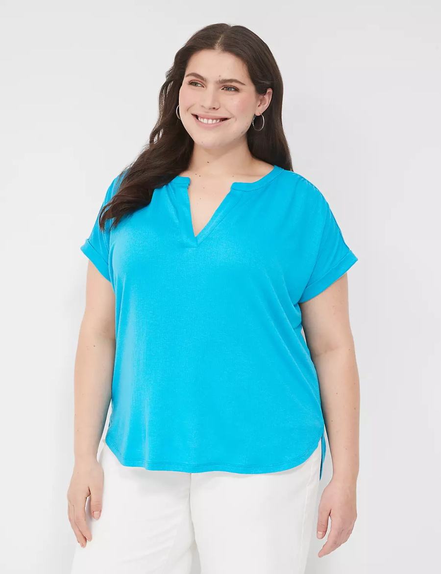 Women Lane Bryant Relaxed Gauze Notch-Neck Shirts Blue | BRB3850WT