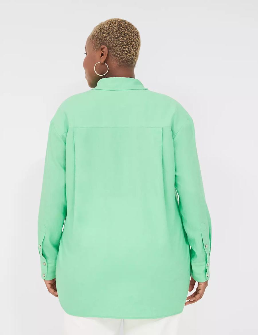 Women Lane Bryant Relaxed Linen Button-Down Shirts Light Green | SCH9475FZ