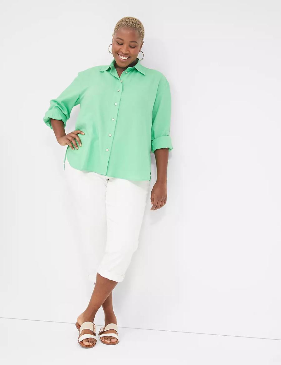 Women Lane Bryant Relaxed Linen Button-Down Shirts Light Green | SCH9475FZ