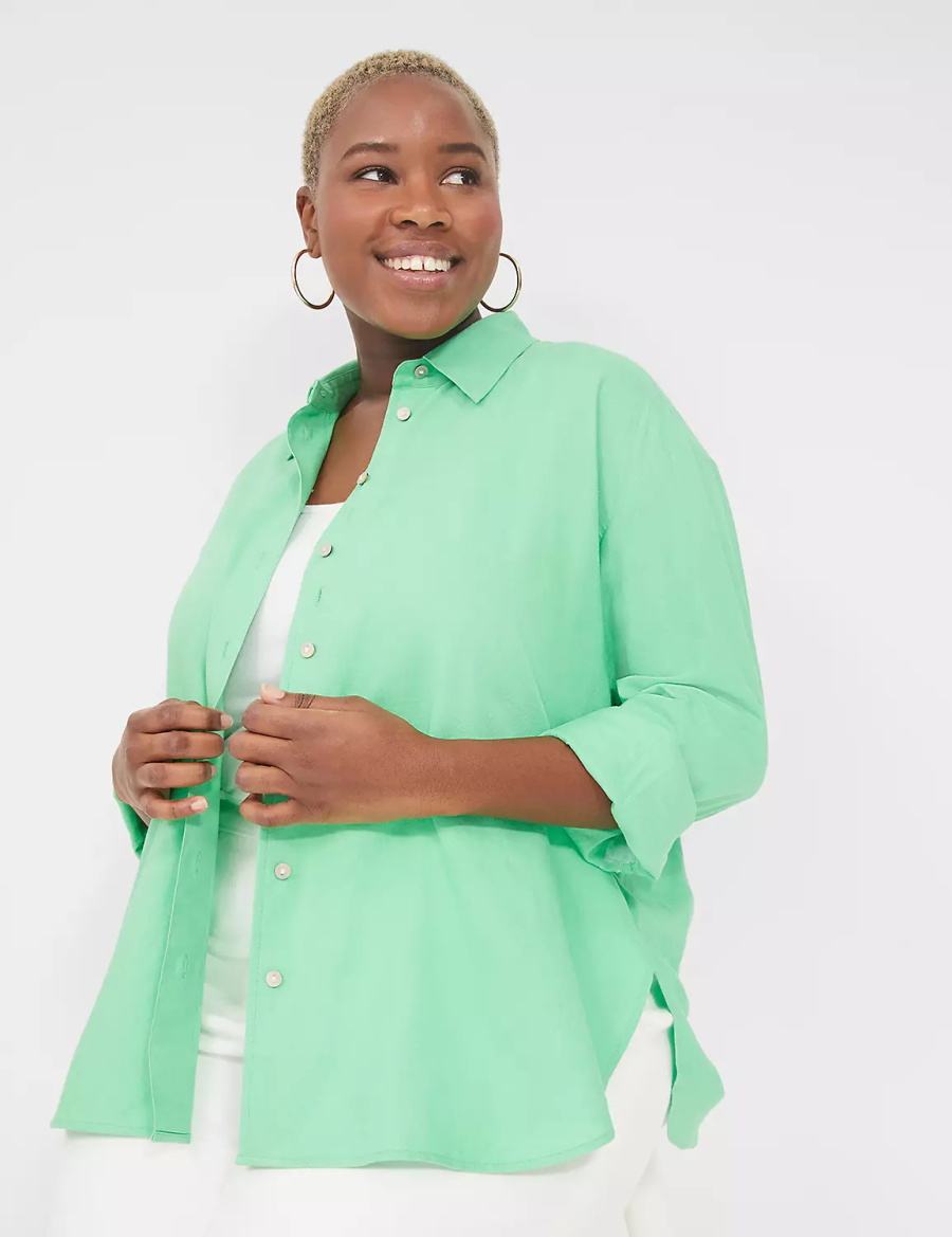 Women Lane Bryant Relaxed Linen Button-Down Shirts Light Green | SCH9475FZ